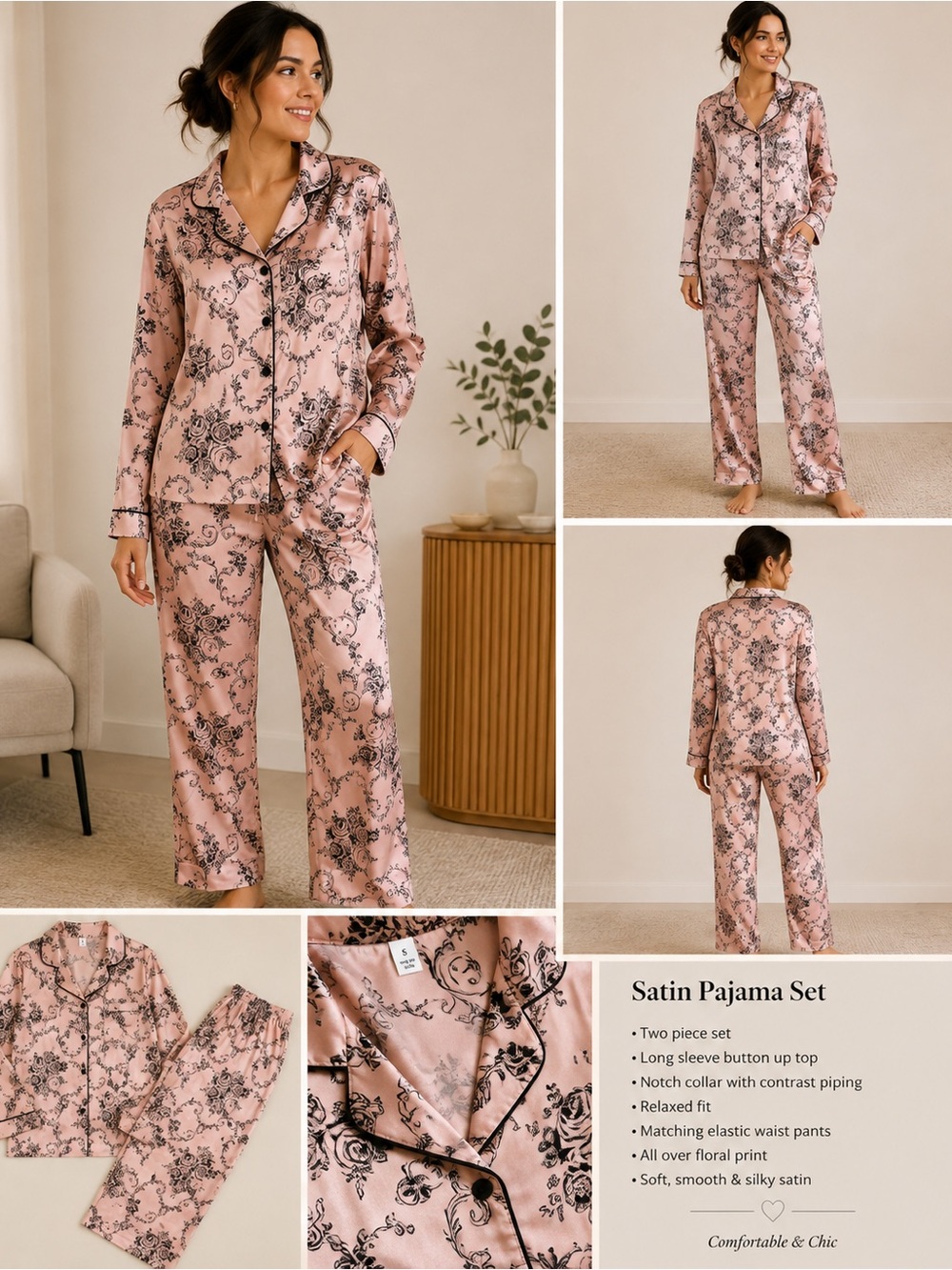 Gilligan & O'Malley Pink Floral Satin Pajama Set